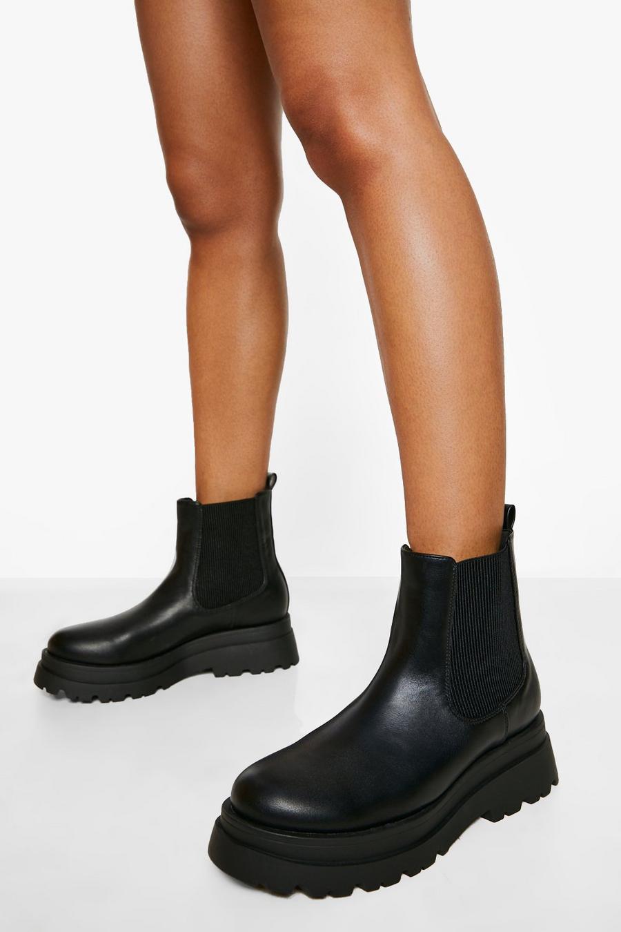 Black Wide Fit Chunky Flat Sole Chelsea Boots image number 1