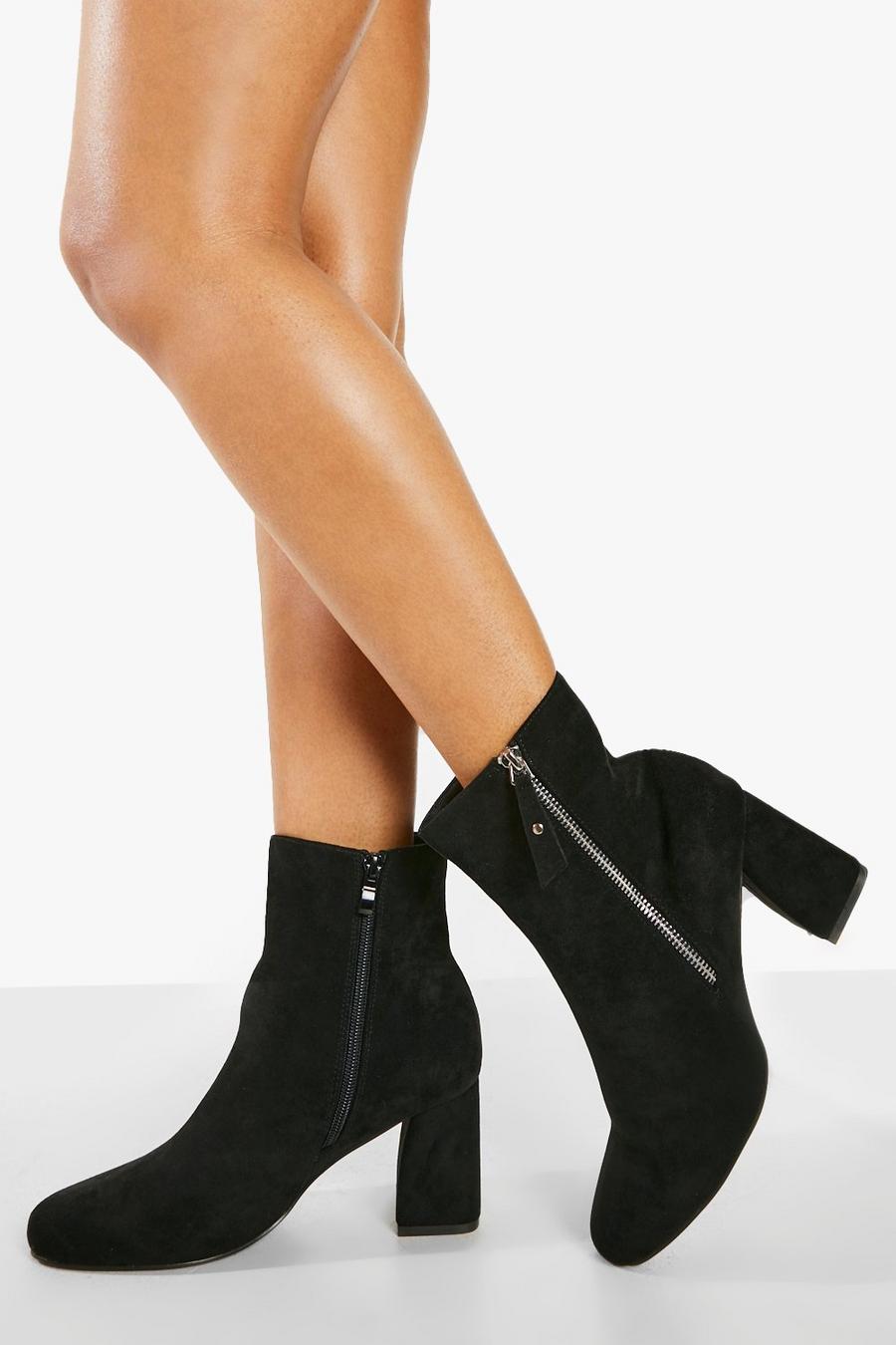 Black noir Wide Fit Block Heel Side Zip Shoe Boots