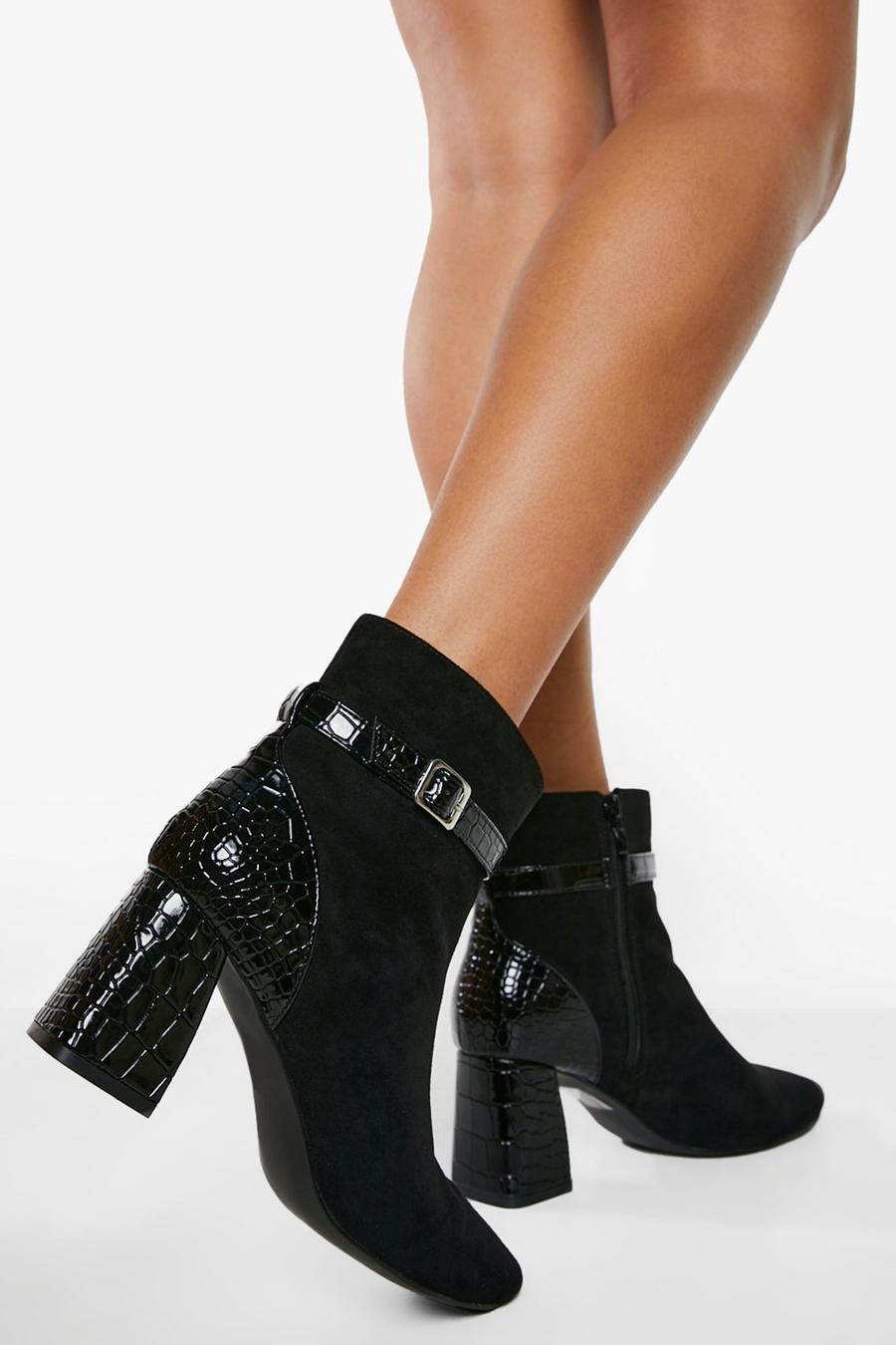 Black noir Block Heel Side Buckle Croc Boots