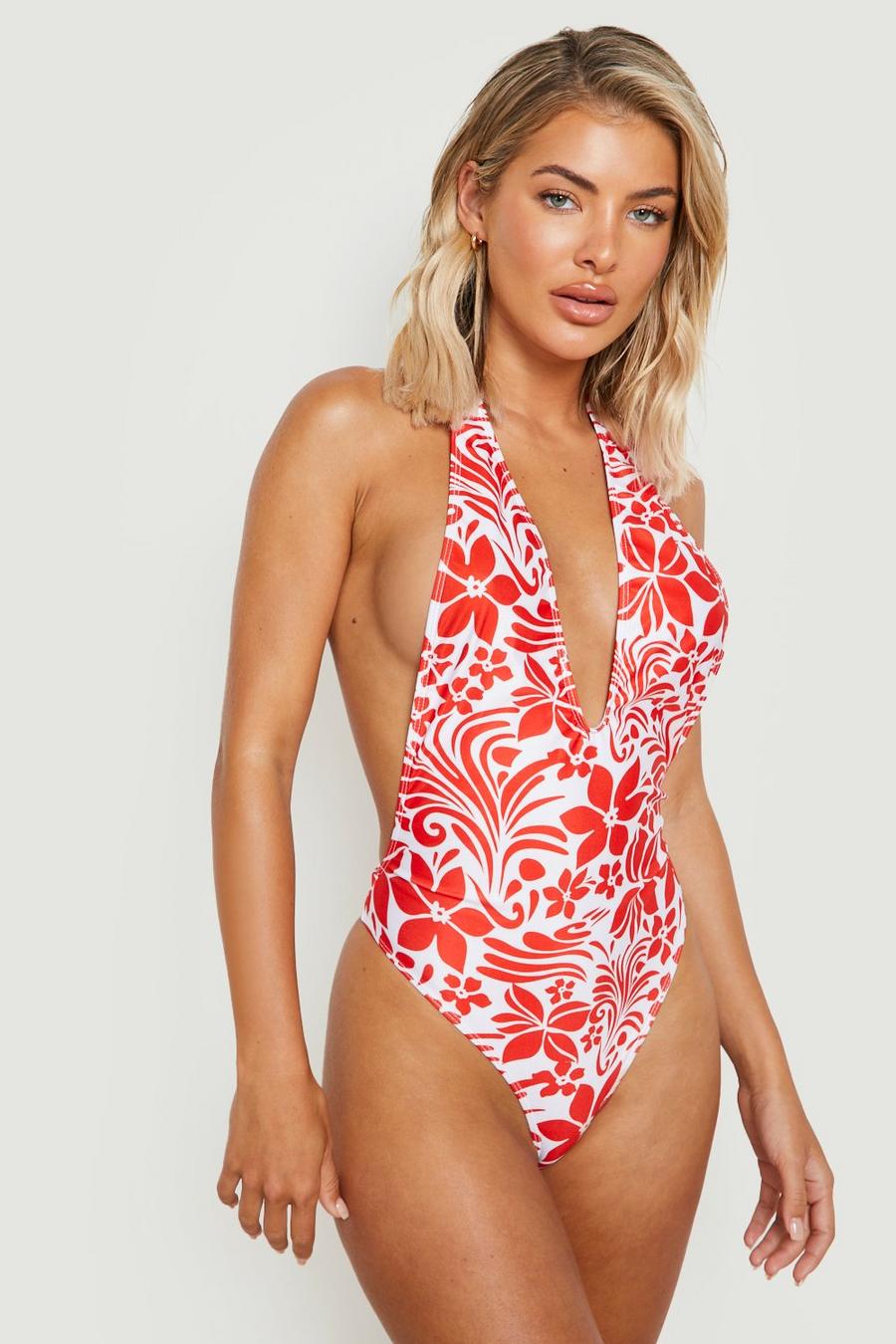Red Floral Deep Plunge Swimsuit image number 1