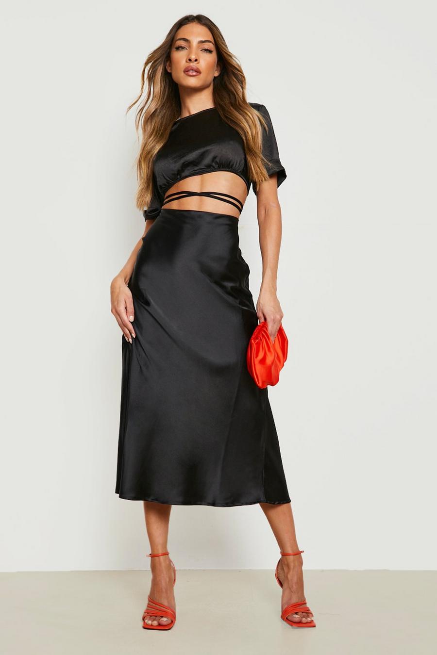 Black Satin Bias Midi Slip Skirt image number 1