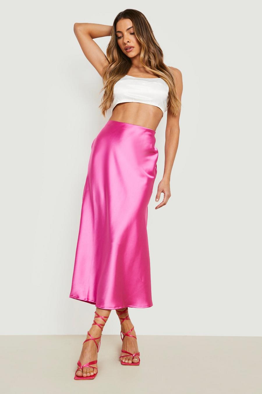 Hot pink rosa Satin Bias Midaxi Slip Skirt 
