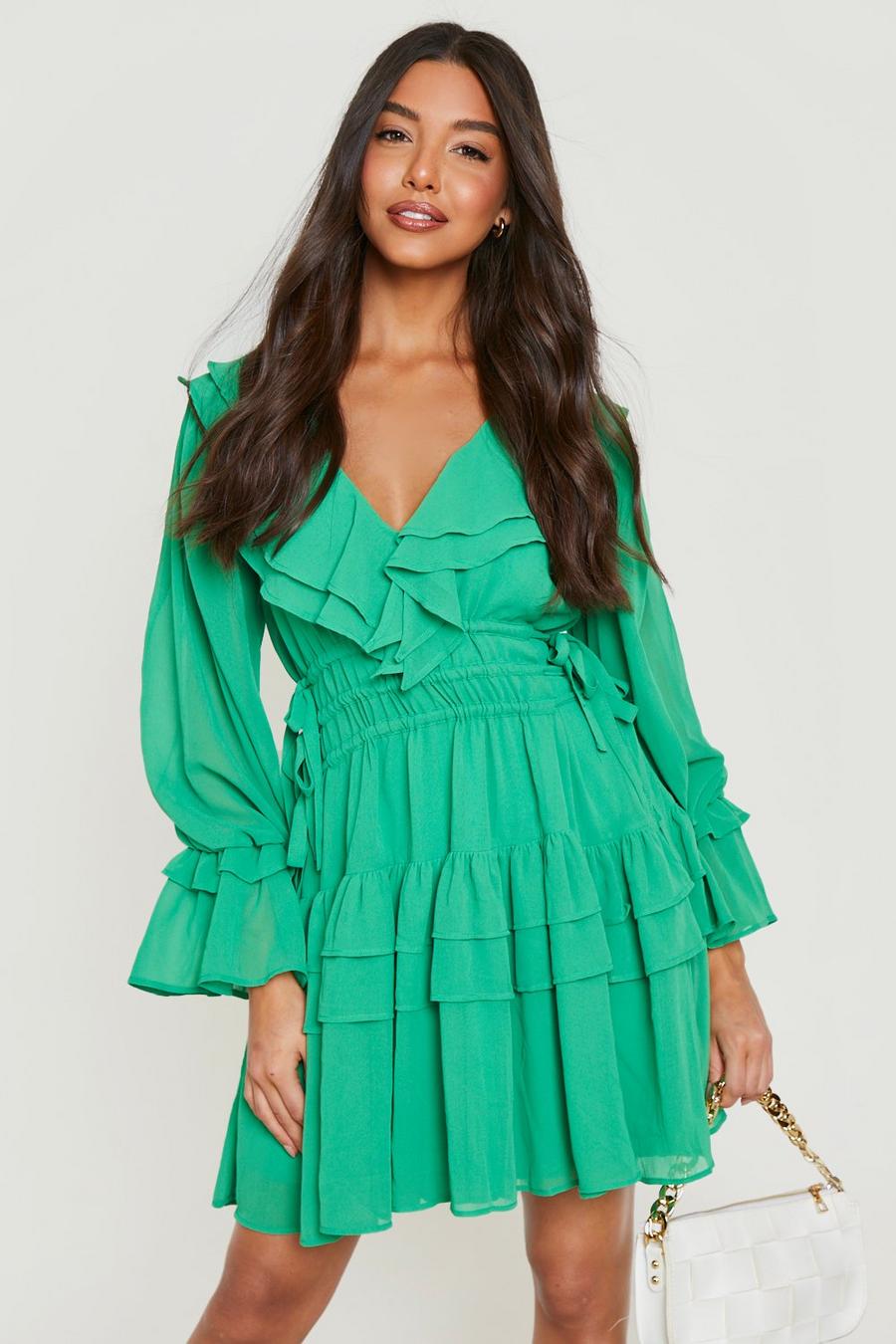 Green verde Chiffon Ruffle Detail Smock Dress