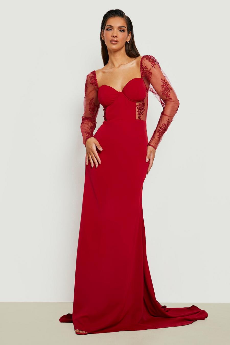 Berry röd Contrast Lace Corset Maxi Dress
