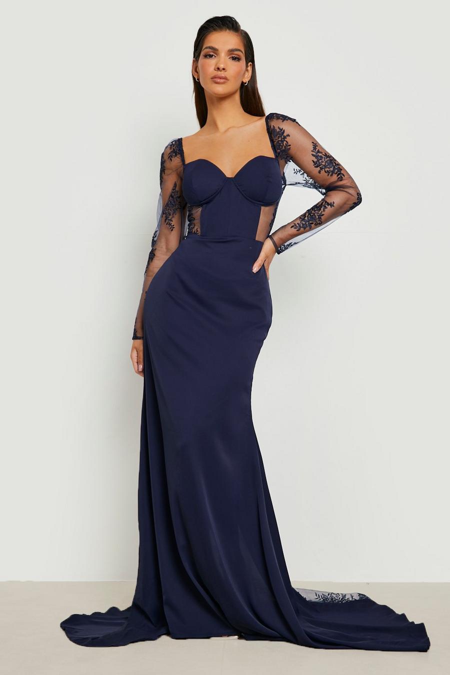 Navy Contrast Lace Corset Maxi Dress image number 1