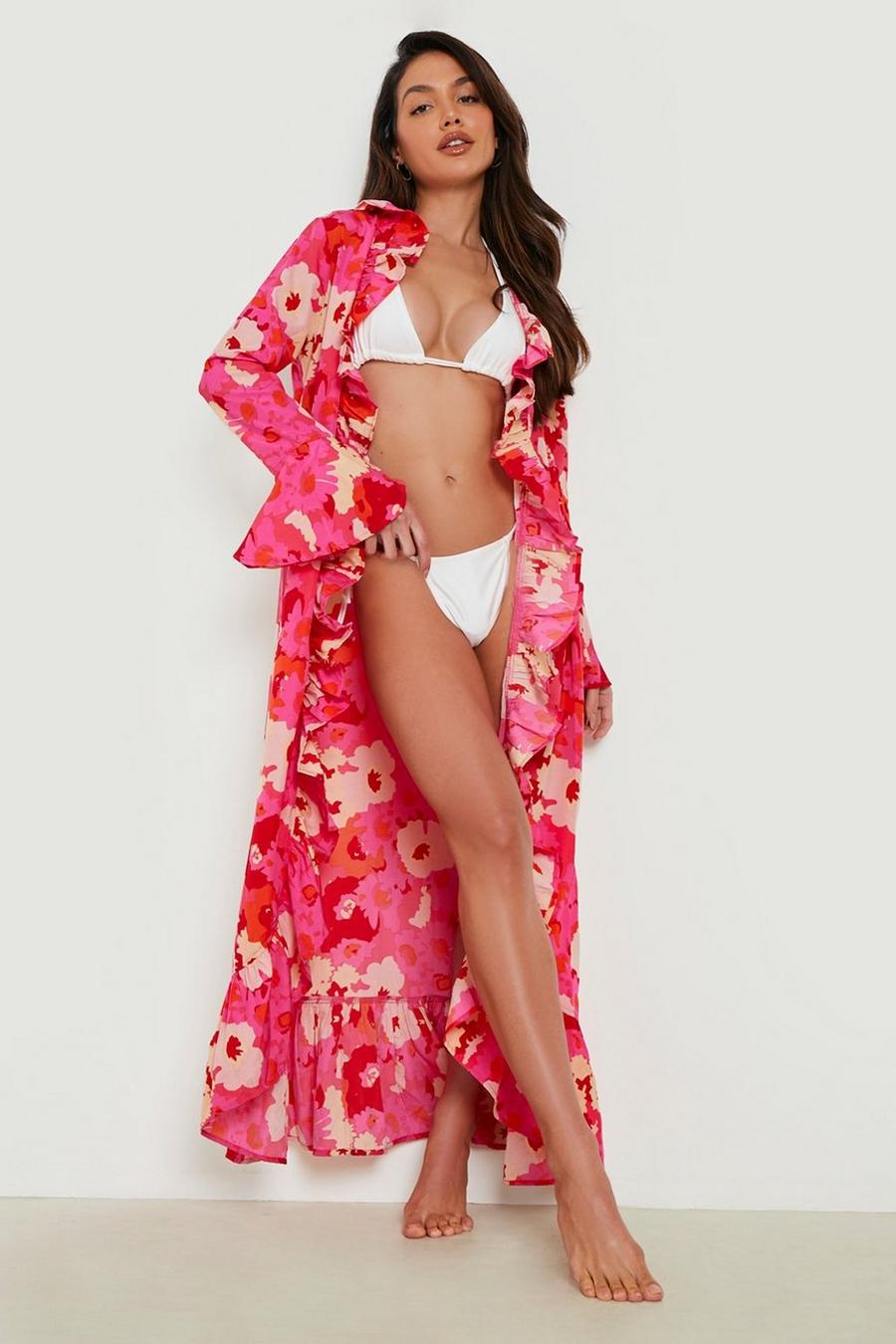 Kimono maxi da mare a fiori con dettagli arricciati, Pink image number 1