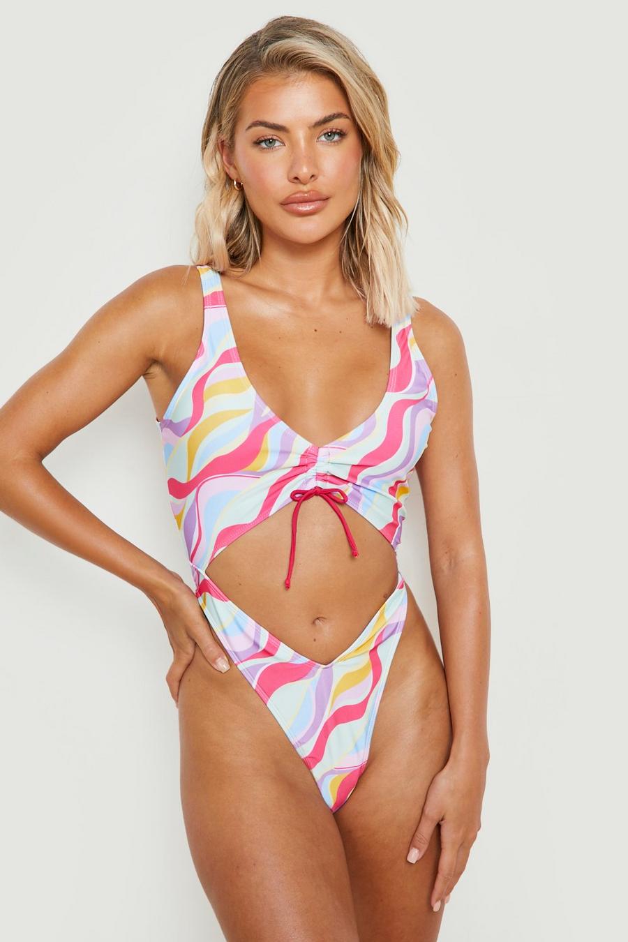Pink Marble Cut Out Tie Ruched Swimsuit image number 1