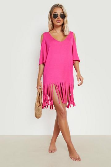 Robe de plage découpée à épaules dénudées et pompons hot pink
