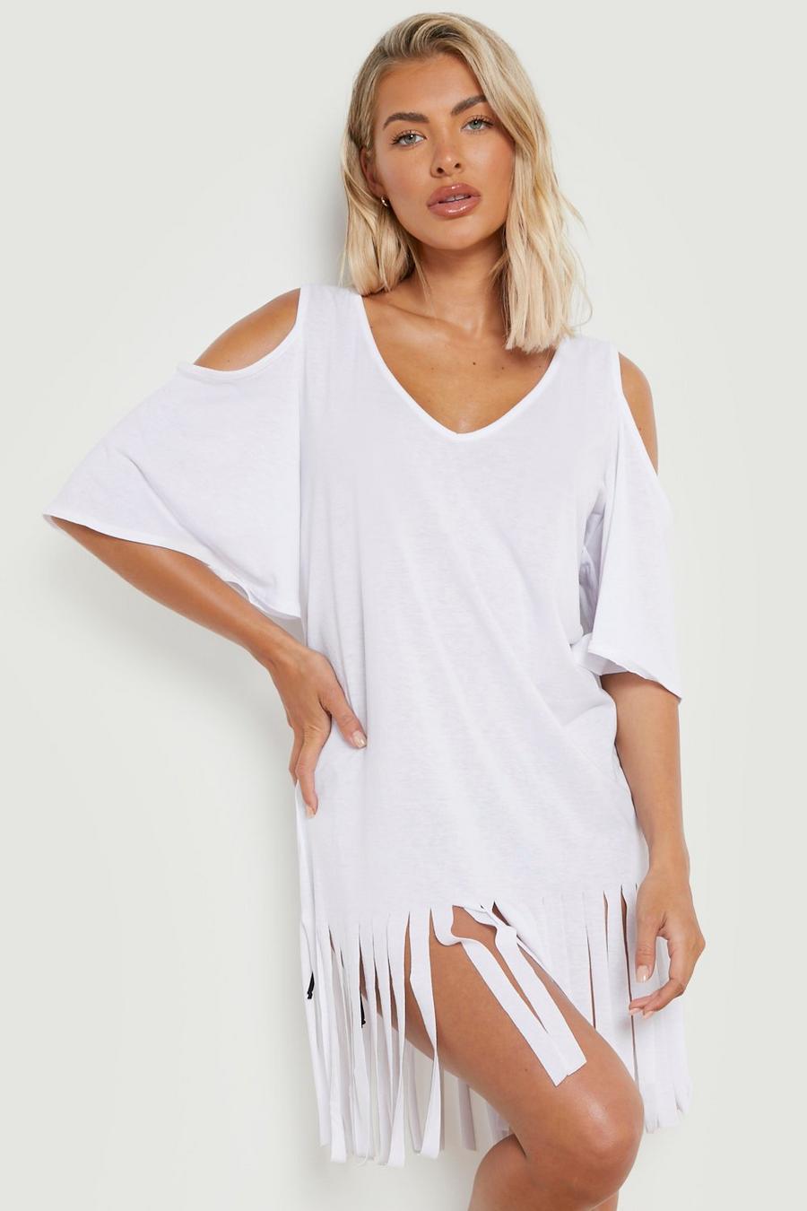 White Cold Shoulder Cut Out Tassel Beach Dress image number 1