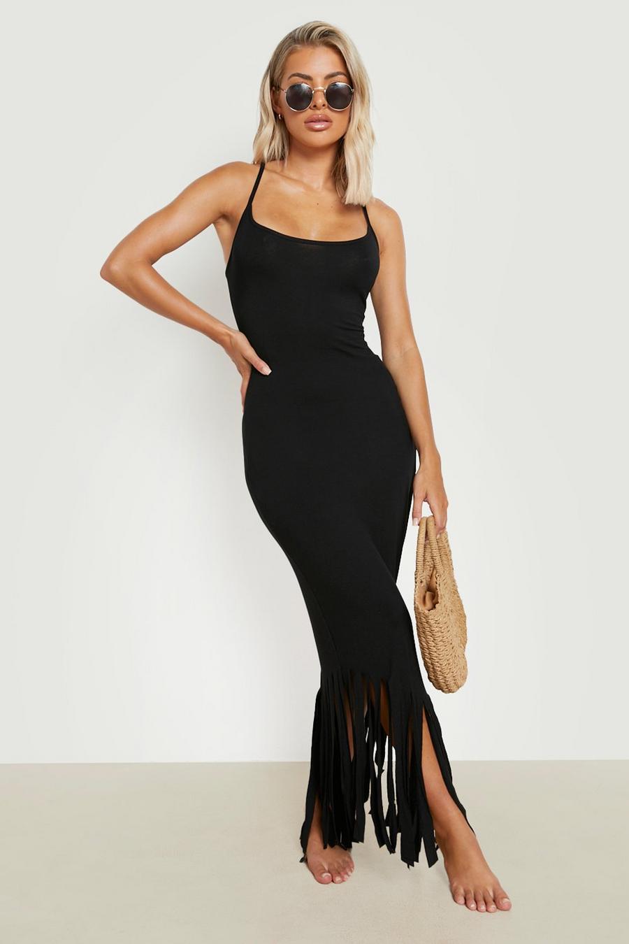 Black Strappy Tassel Maxi Beach Dress