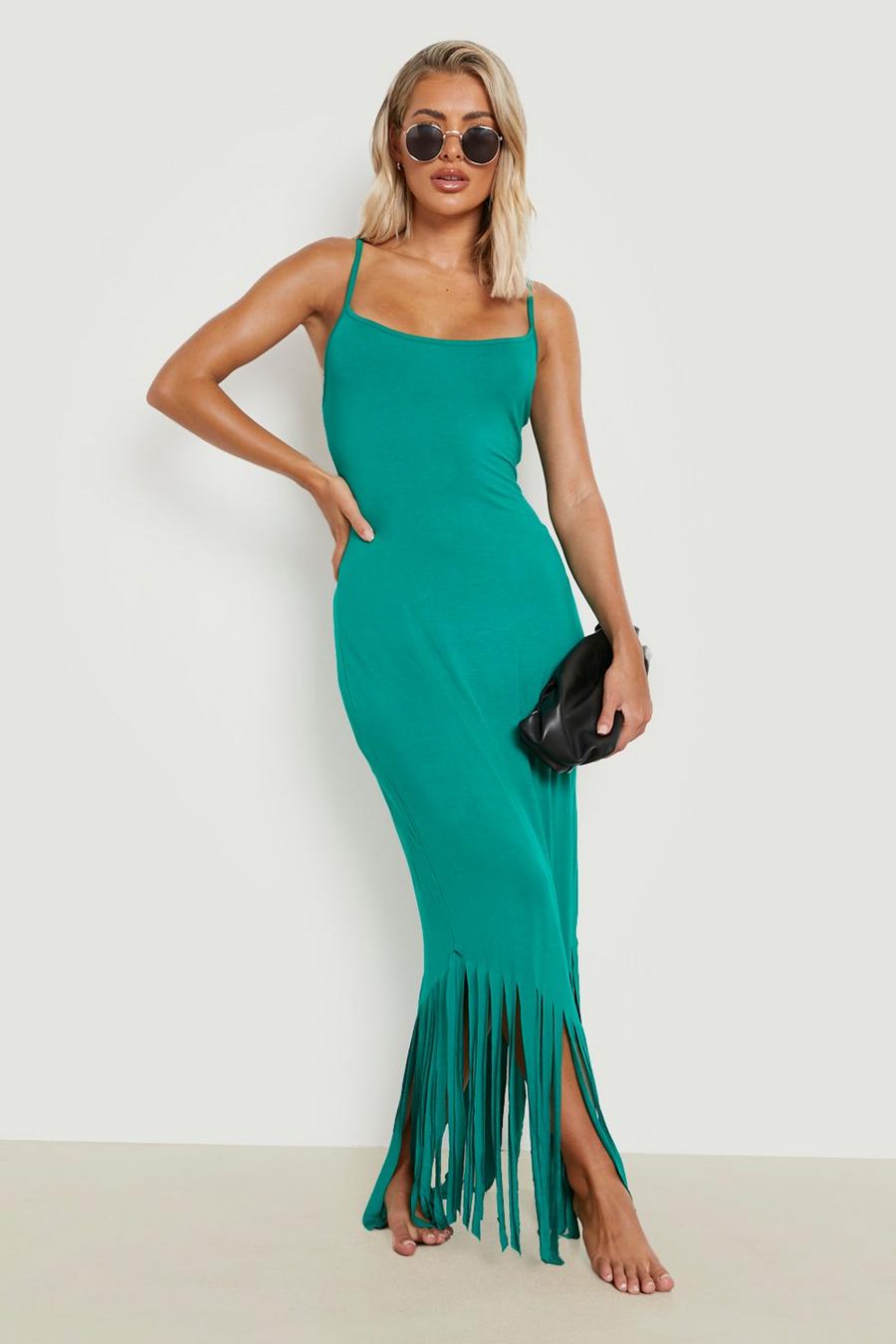 Green Strappy Tassel Maxi Beach Dress Details image number 1