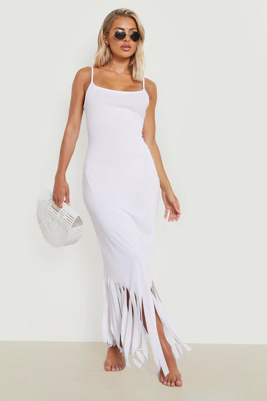 לבן bianco שמלת חוף מקסי עם כתפיות דקות ופרנזים