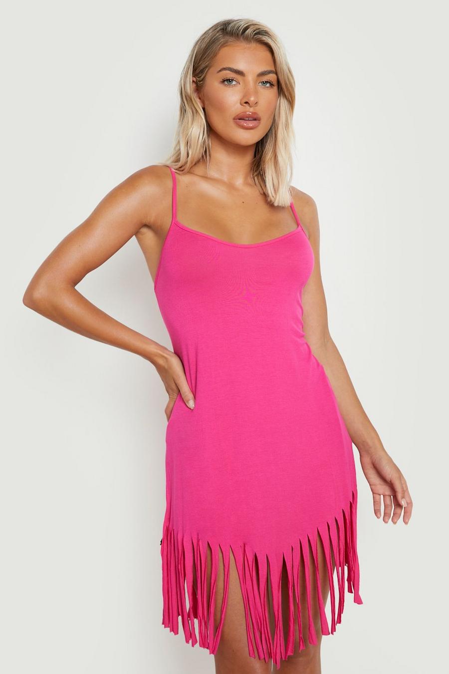 Vestido mini para la playa de tirantes con borlas, Fuchsia rosa
