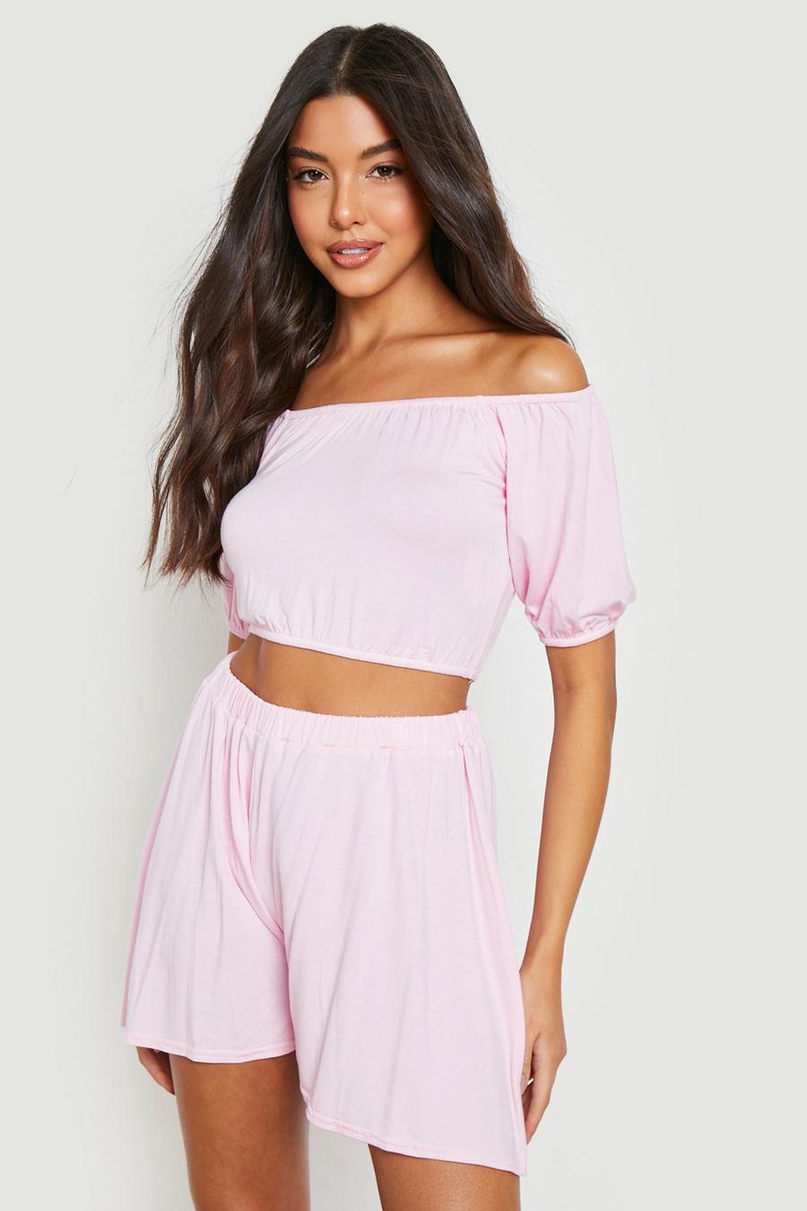 Candy pink Jersey Knit Off The Shoulder Crop & Flowy Shorts image number 1