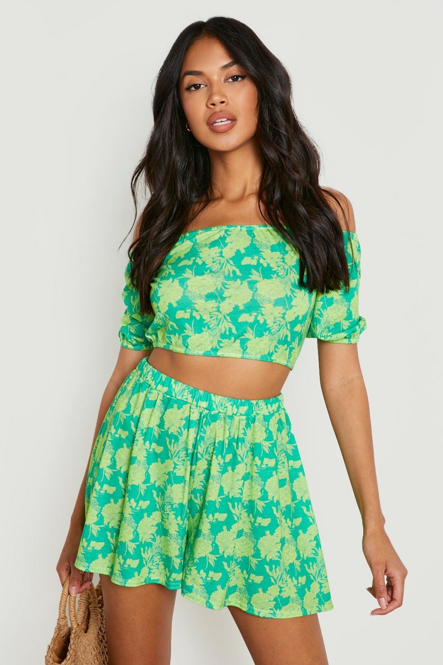 Lime green Floral Jersey Bardot Crop & Flippy Shorts