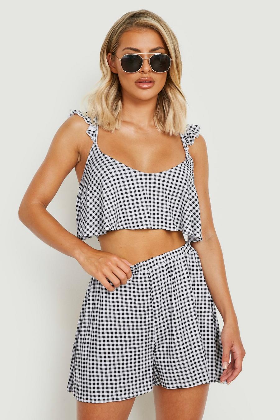 Black Gingham Jersey Knit Floaty Cami & Flowy Shorts image number 1