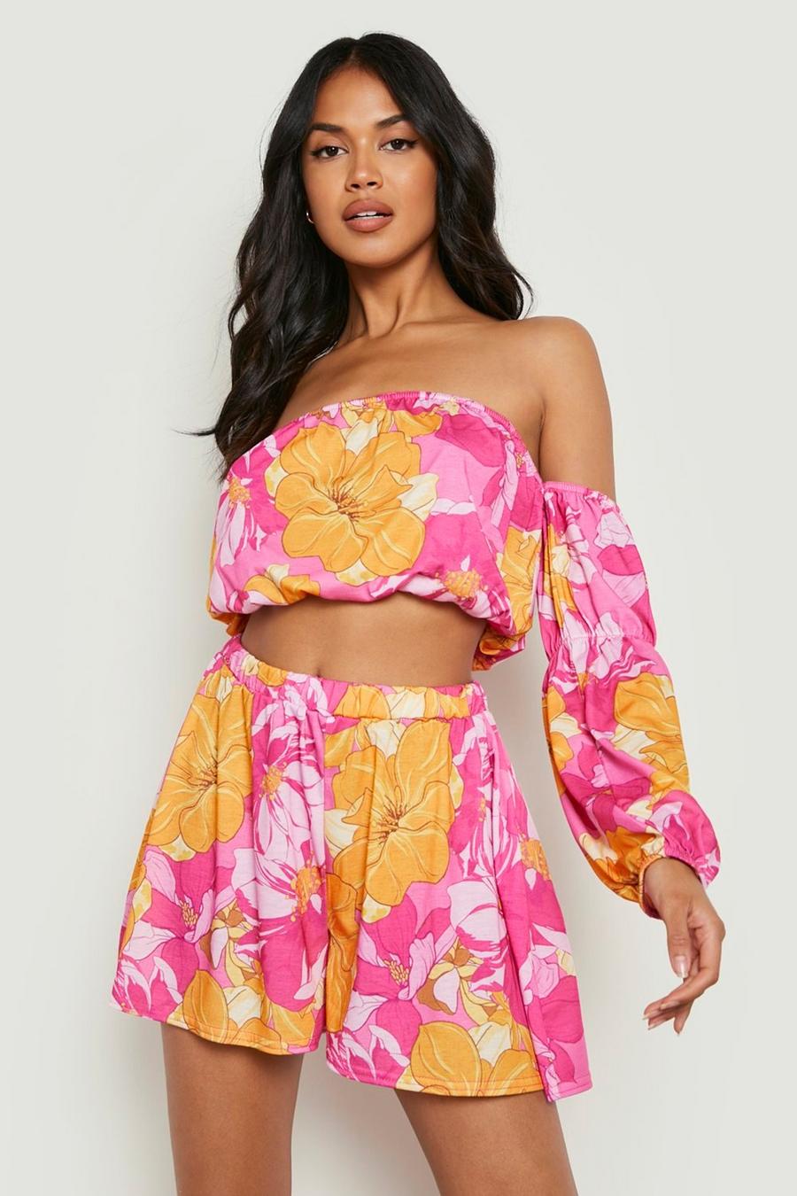 Hot pink Floral Jersey Bardot Crop & Flippy Shorts image number 1