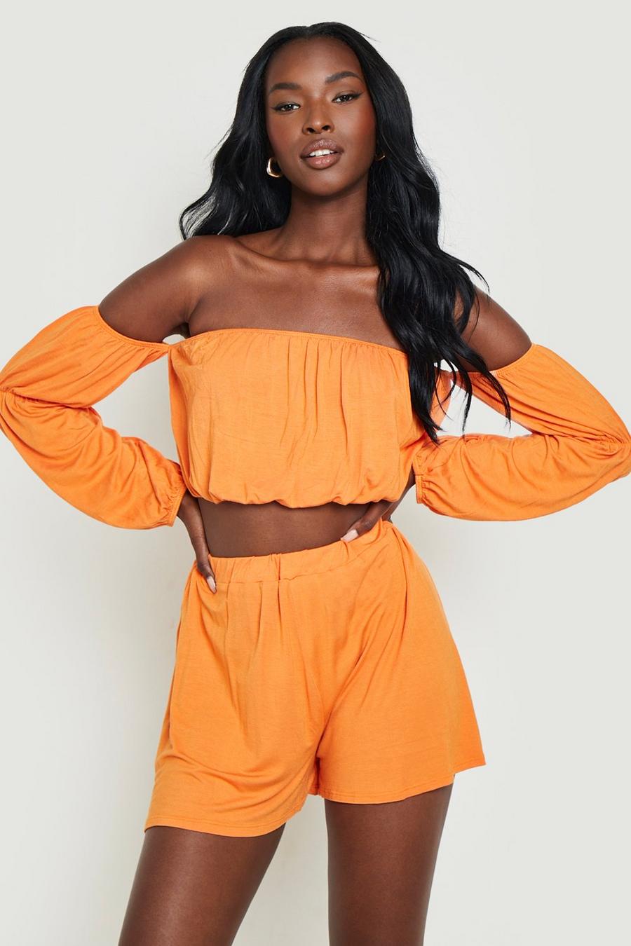 Orange Jersey Bardot Crop & Flippy Shorts  image number 1