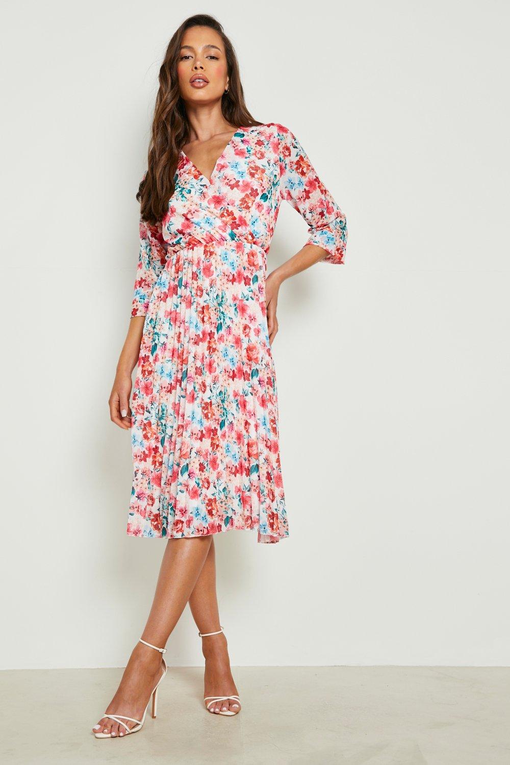 Pink floral shop pleated midi dress