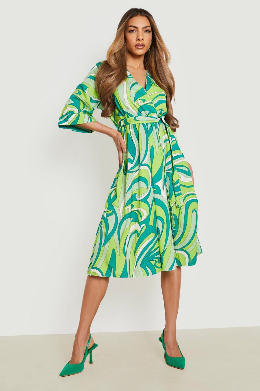 Green Abstract Wrap Belted Midi Dress  image number 1