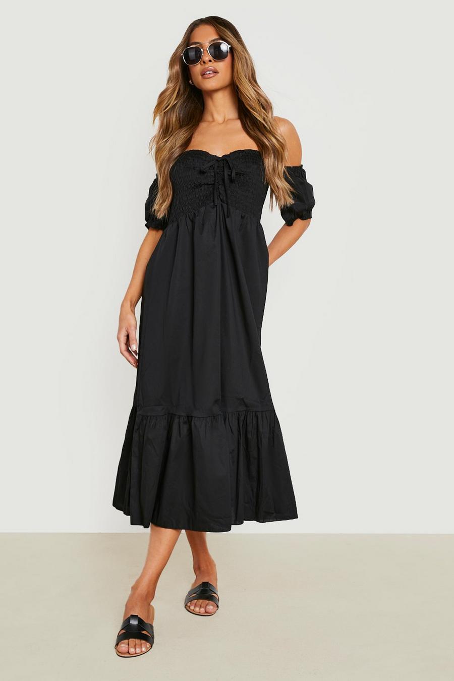 Black Off Shoulder Cotton Shirred Midi Dress 