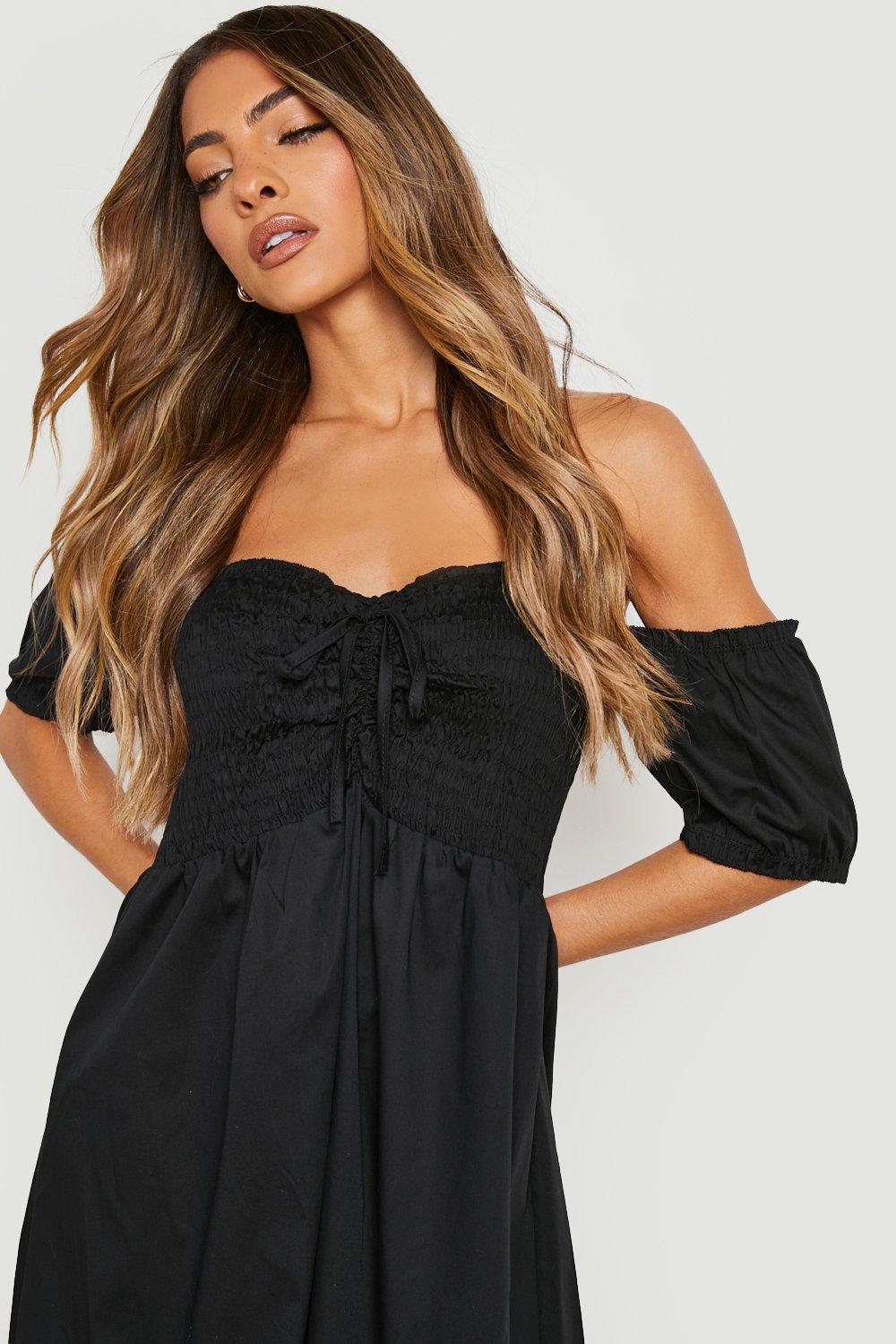 Boohoo black off hot sale shoulder dress