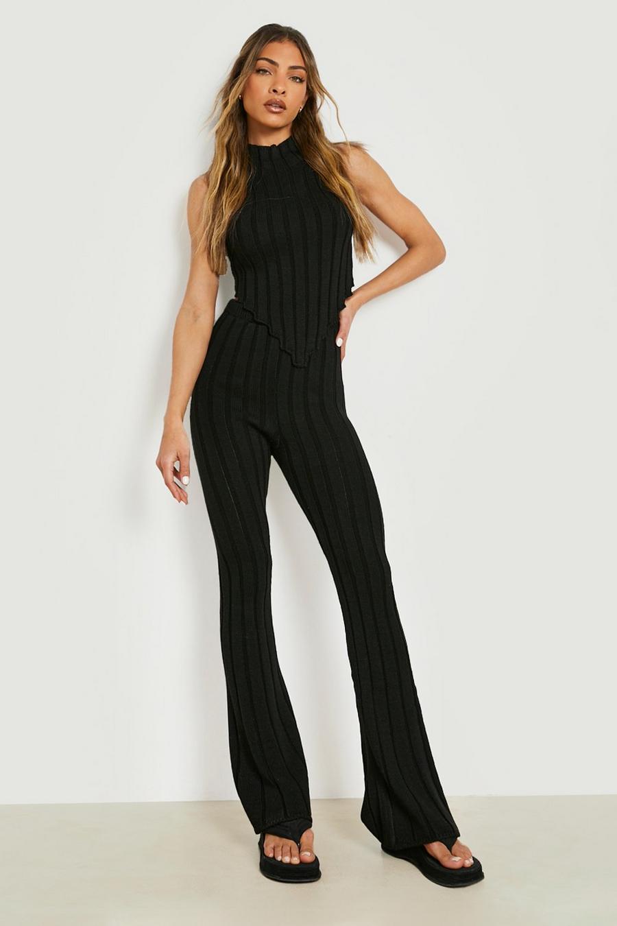 Black High Neck Wide Rib Knitted Pants Co-Ord image number 1