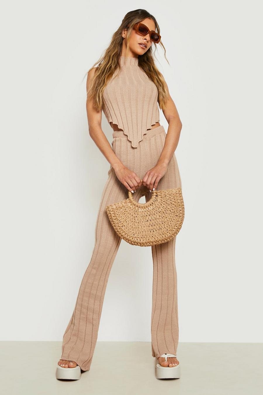 Stone beige High Neck Wide Rib Knitted Pants Co-Ord