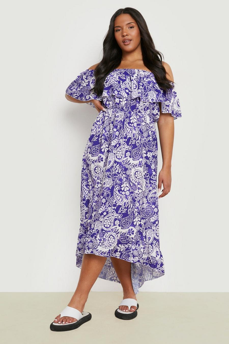 Blue Plus Woven Paisley Print Off The Shoulder Maxi Dress image number 1