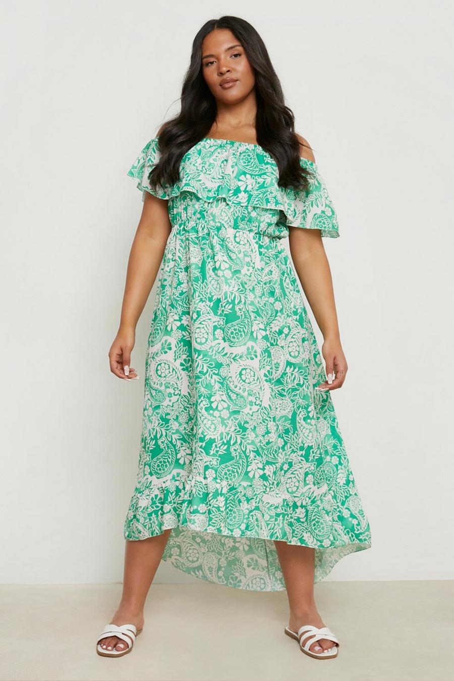 Green Plus Woven Paisley Print Bardot Maxi Dress image number 1