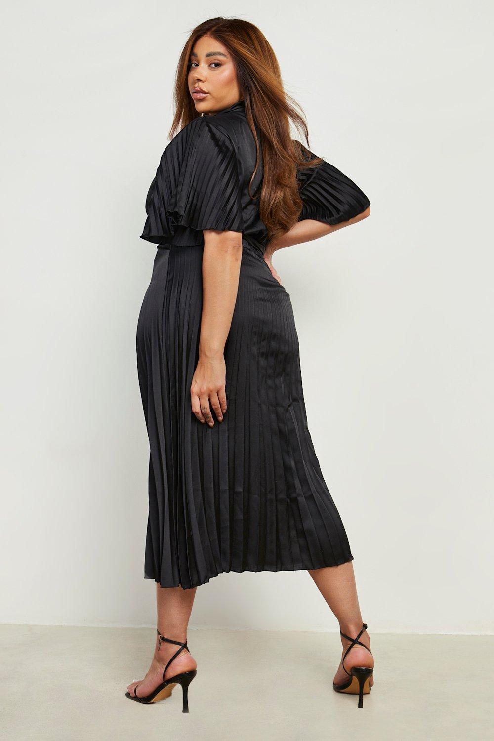 Plus Satin Pleated Midi Dress