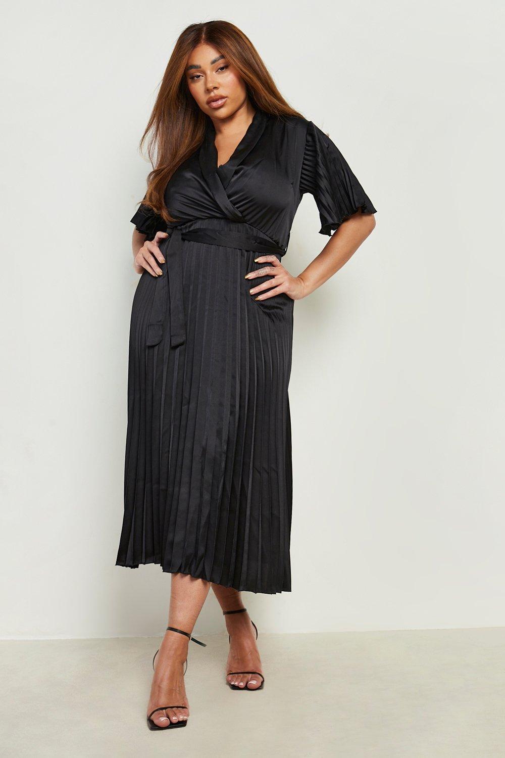 Plus Satin Pleated Midi Dress