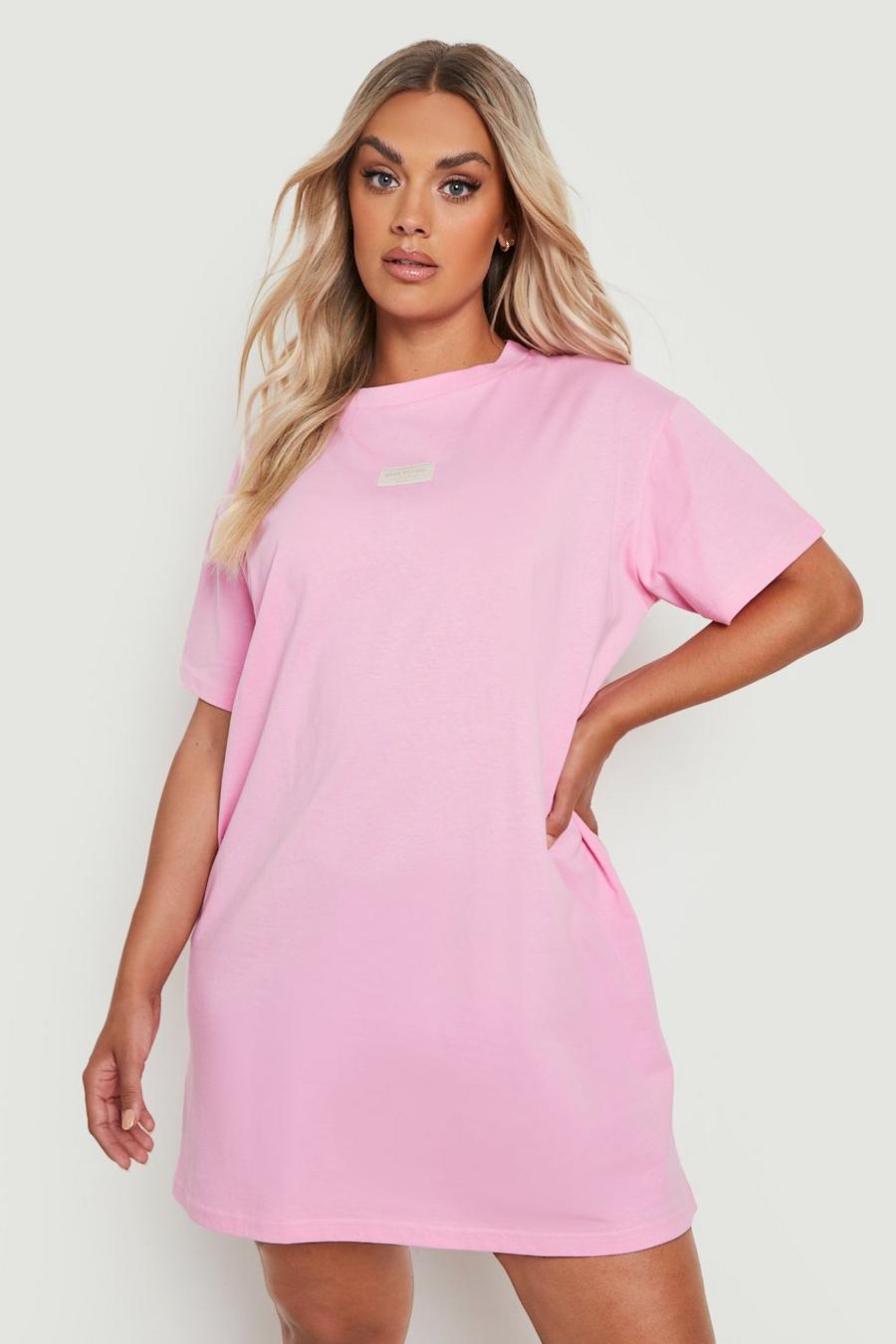 Vestido camiseta Plus oversize con bordado, Bright pink image number 1