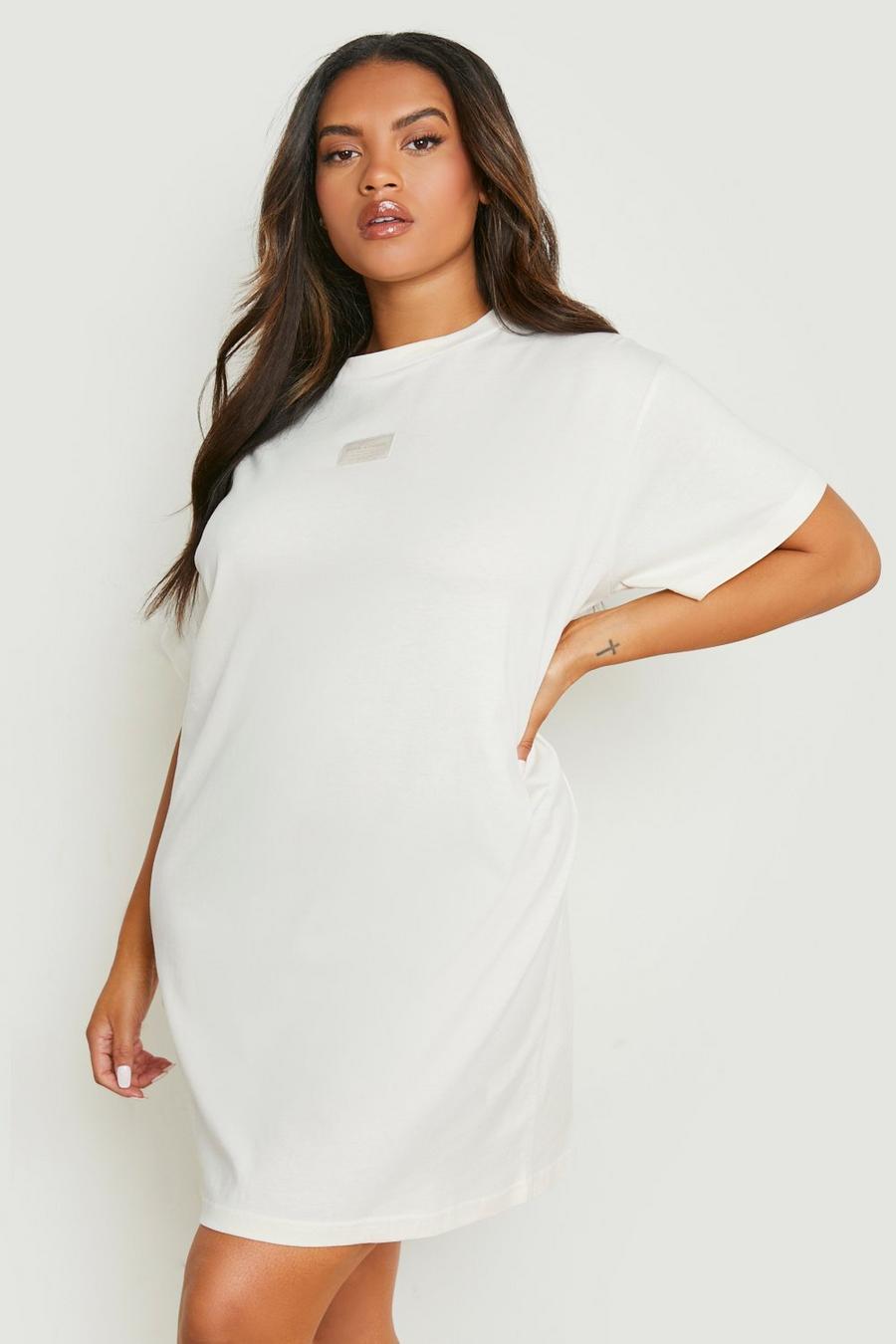 Vestido camiseta Plus oversize con bordado, Ecru blanco