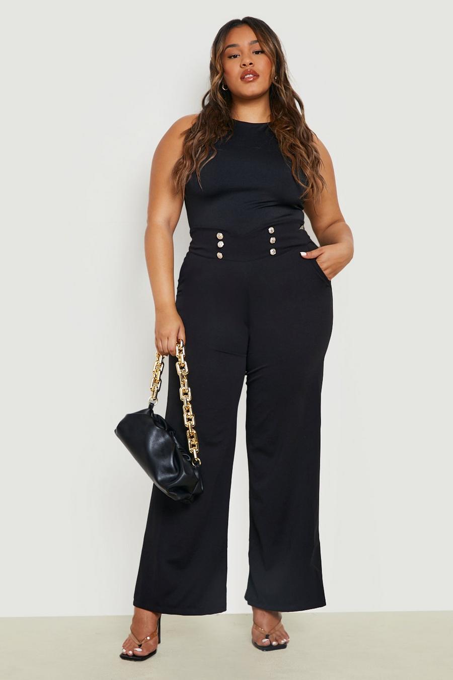 Black Plus Button High Waisted Wide Leg Pants image number 1