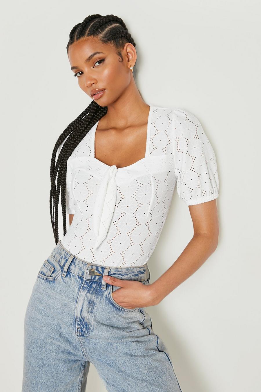 White Tall Puff Sleeve Tie Detail Eyelet Bodysuit image number 1
