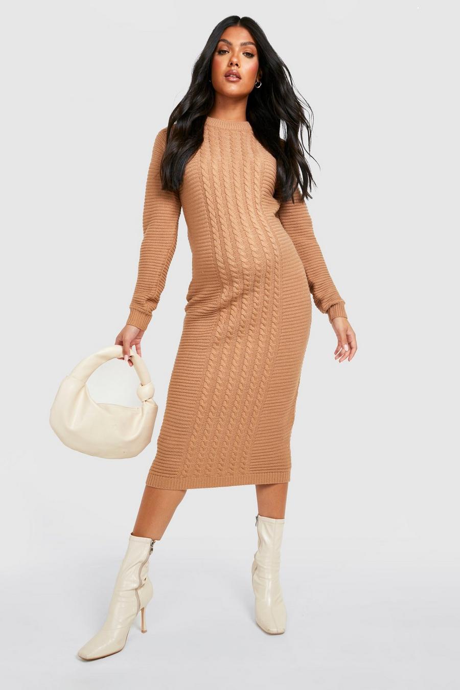 Taupe beige Maternity Cable Knit Knitted Midi Dress
