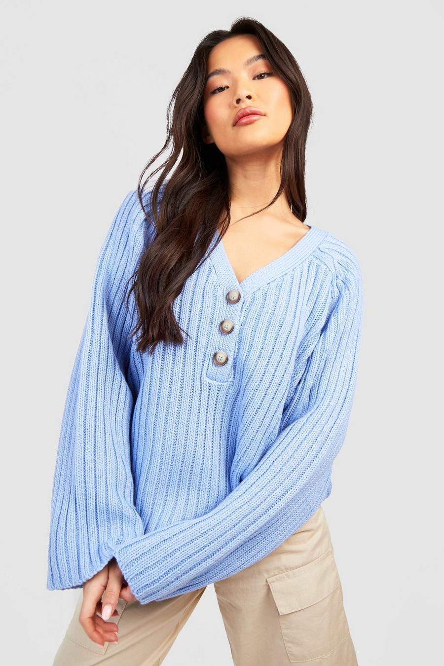 Cornflower Chunky Knitted Sweater With Button Detail image number 1