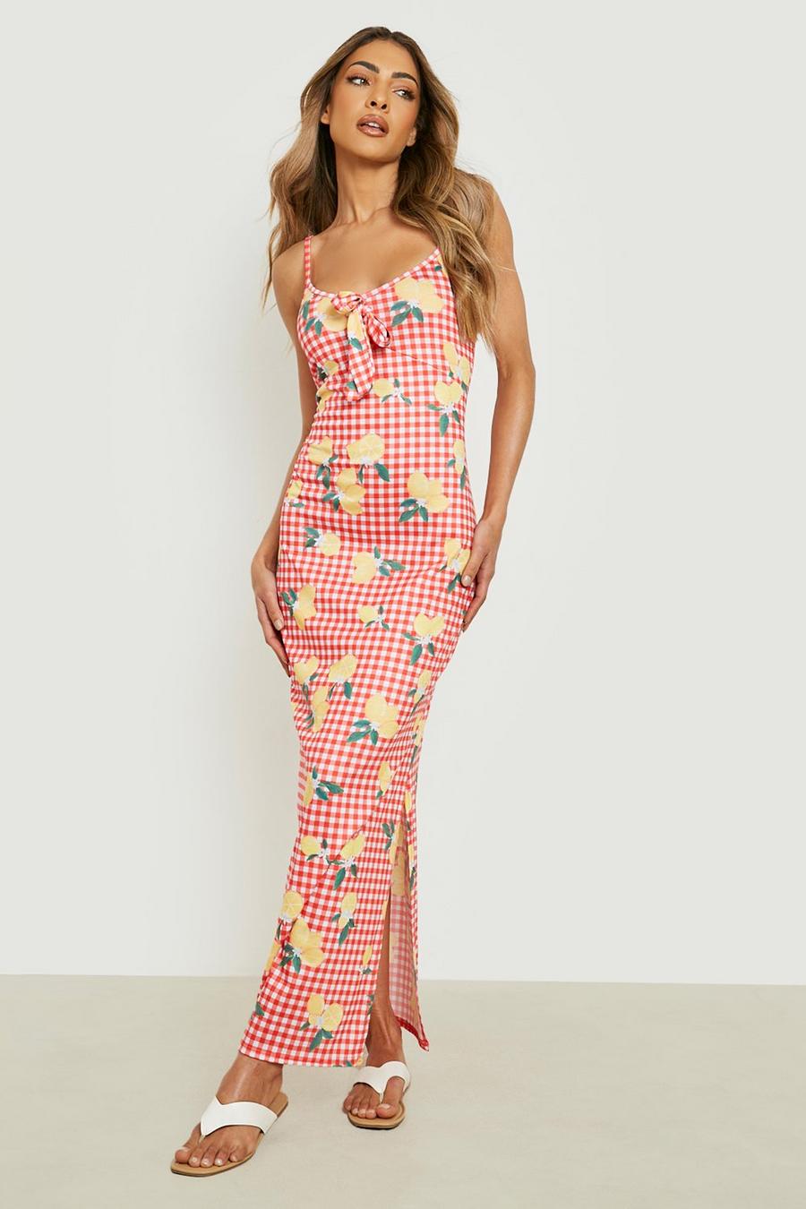 Red Gingham Fruit Print Tie Bust Maxi Dress