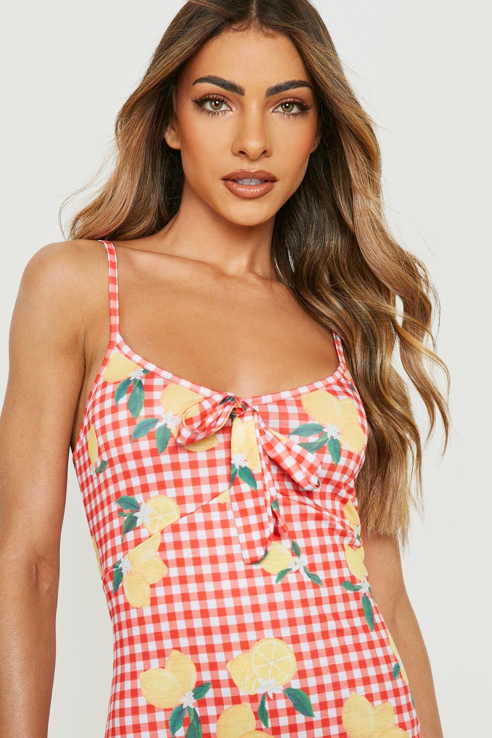 Gingham Fruit Print Tie Bust Maxi Dress | boohoo