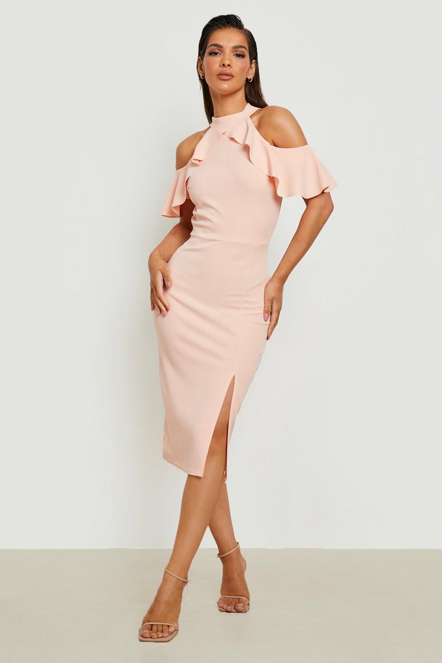 Blush pink Ruffle High Neck Midi Dress