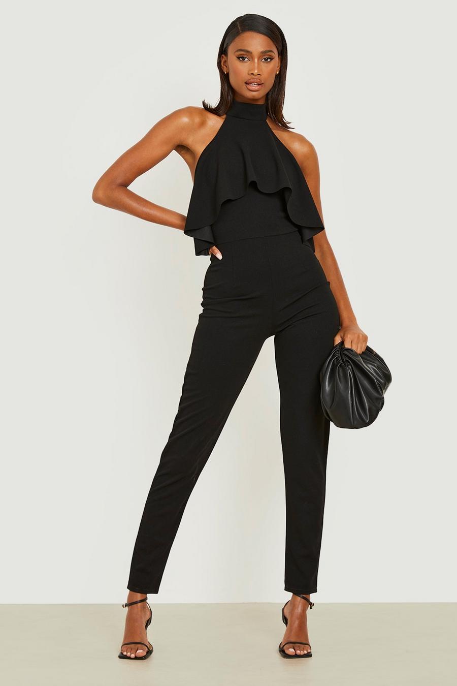 Black Halter Ruffle Fitted Jumpsuit image number 1