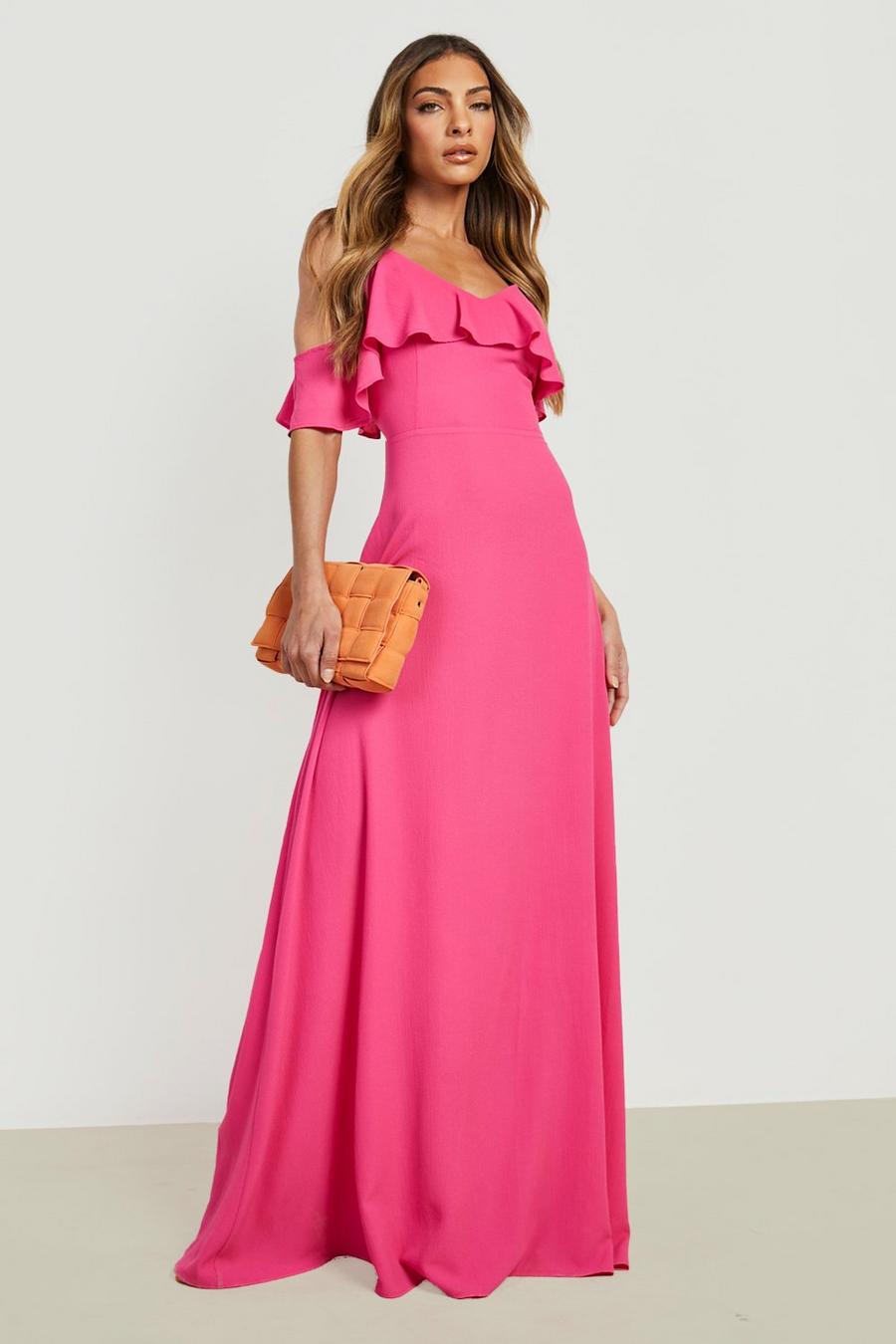 Hot pink rosa Cold Shoulder Ruffle Maxi Dress
