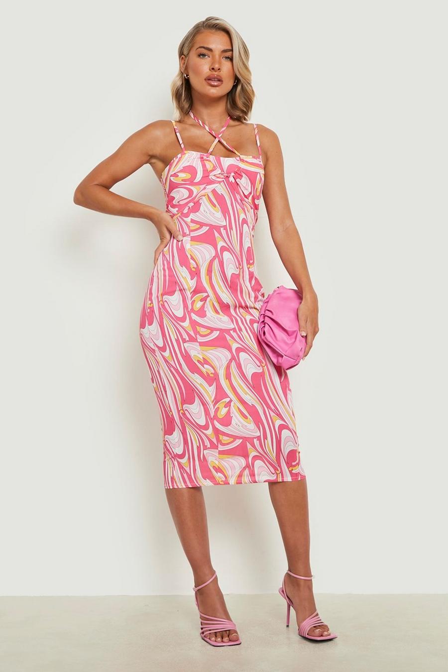 Pink Printed Strappy Midi Dress image number 1