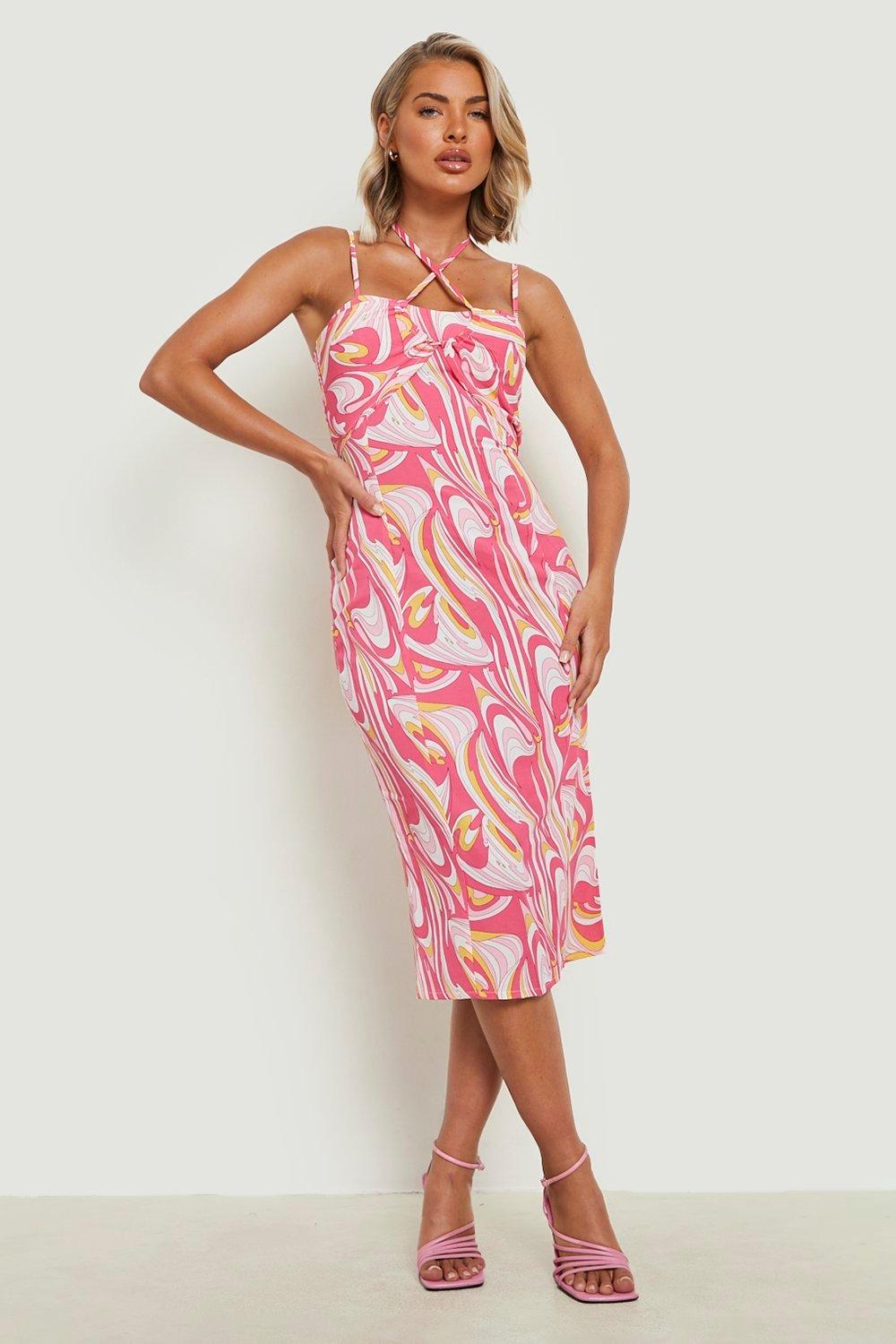 Printed Strappy Midi Dress boohoo