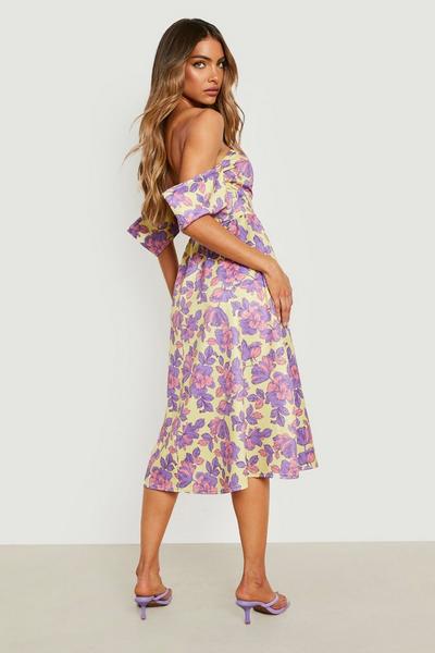 boohoo purple Floral Bardot Pleat Detail Midi Skater Dress