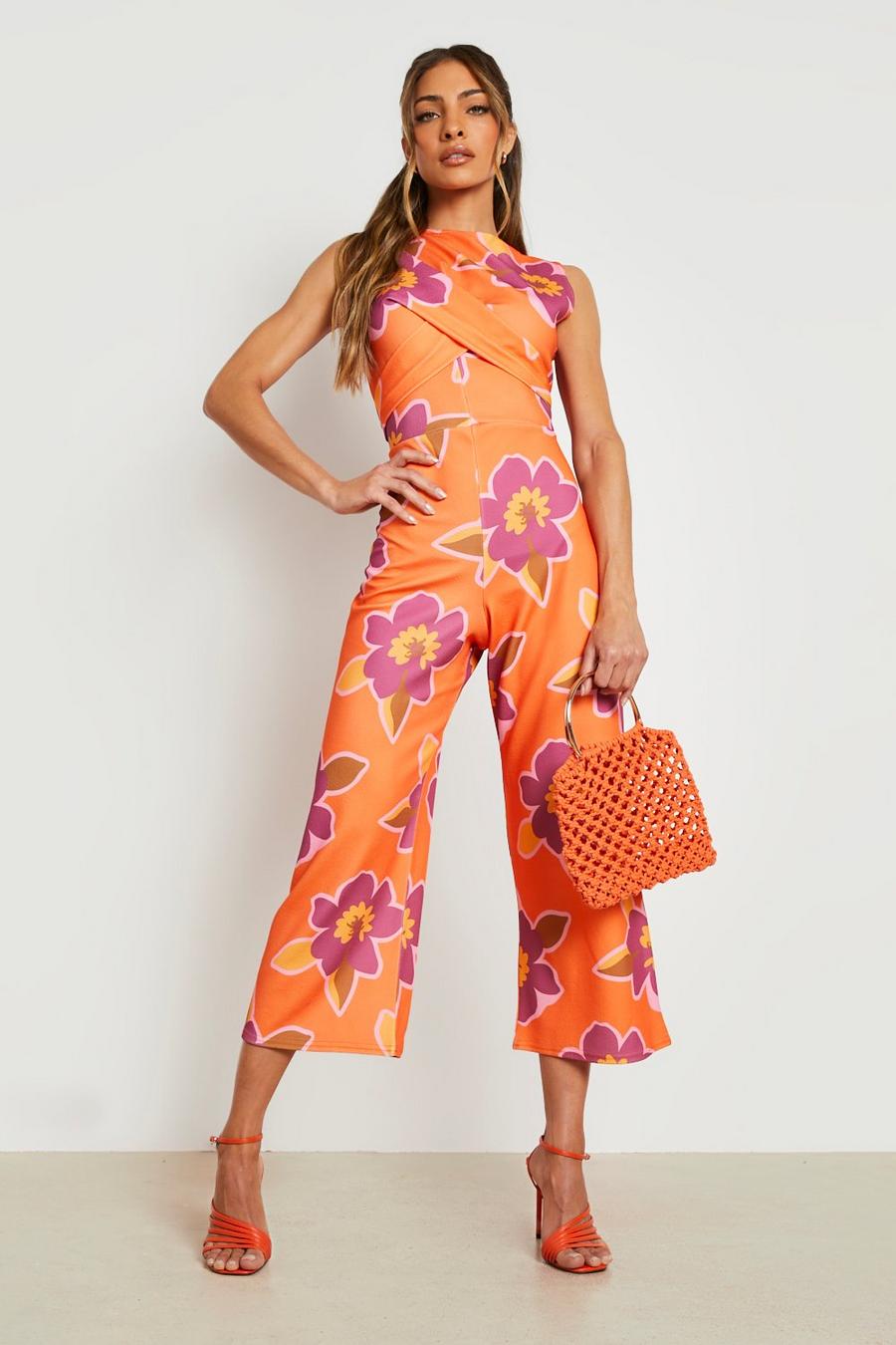 Orange Floral Twist Detail Culotte Jumpsuit image number 1