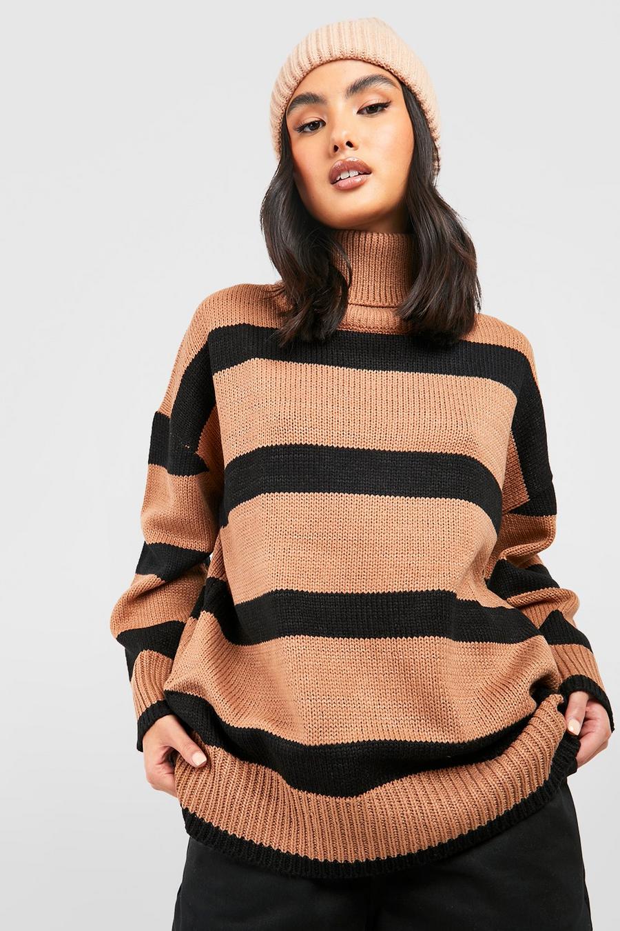 Camel Stripe Oversized Knitted Sweater image number 1