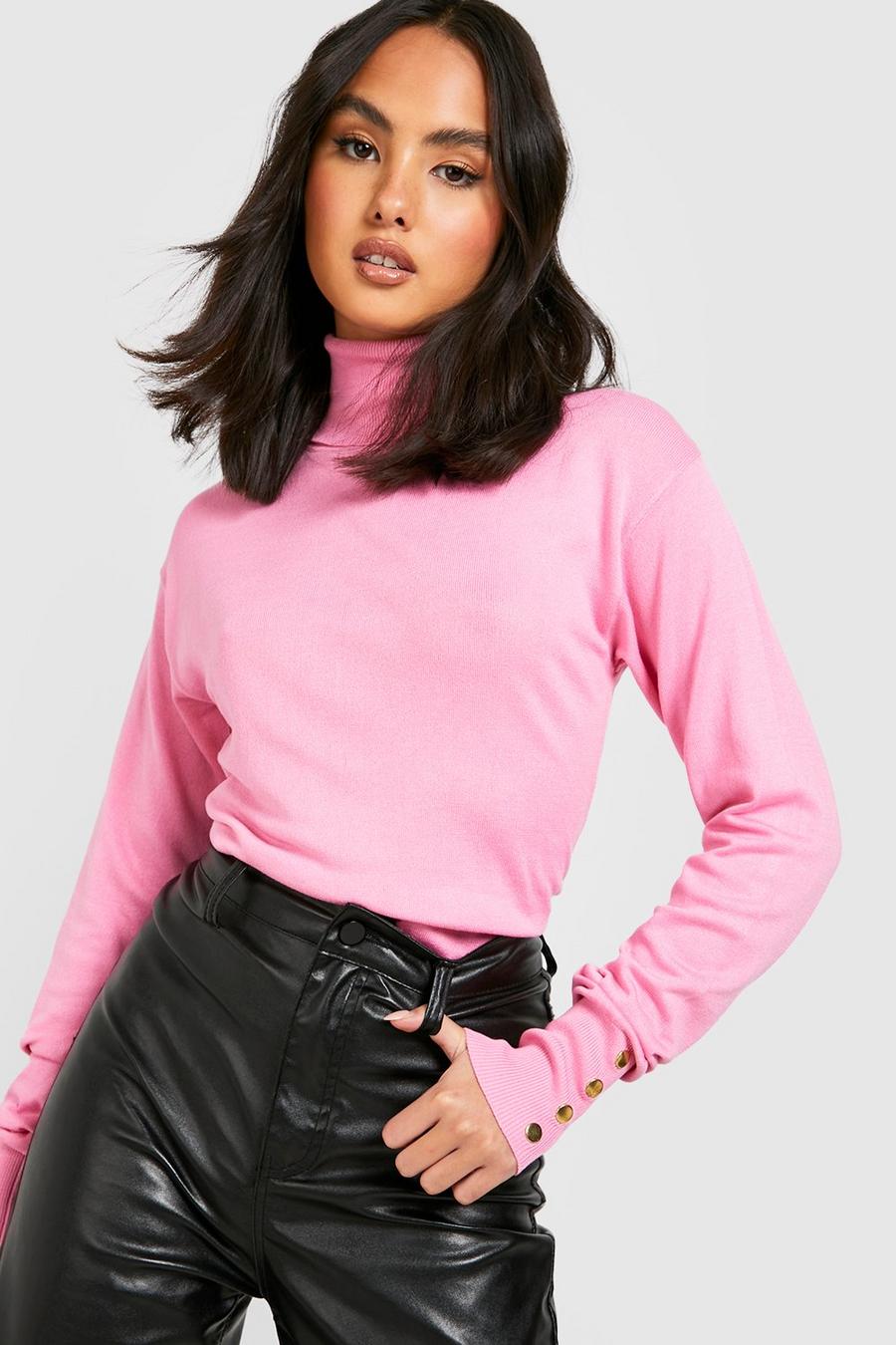Pink Fine Knit Turtleneck Sweater image number 1