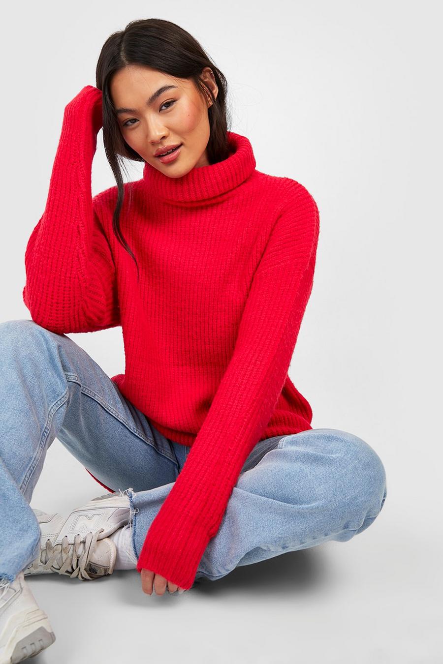 Red Roll Neck Oversized Knitted Jumper image number 1